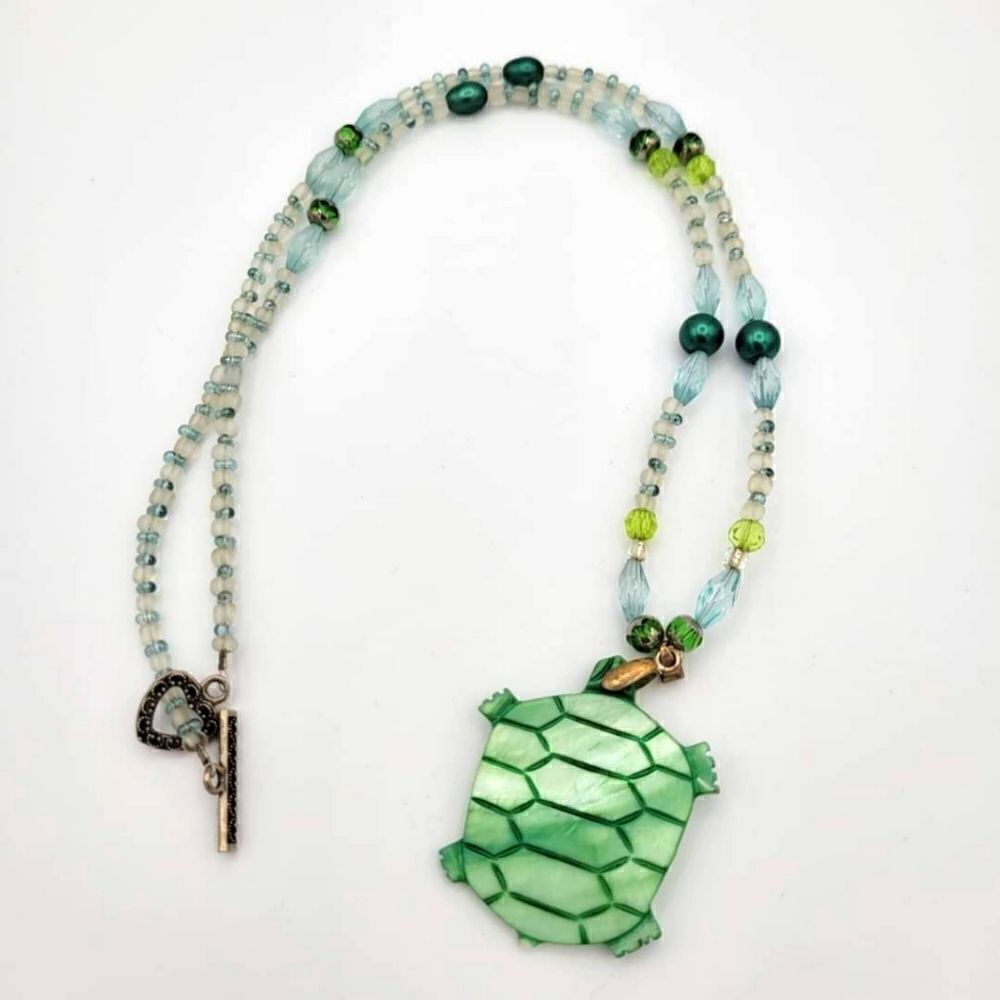 Enchanted Reef Turtle Necklace Handmade Green Abalone Shell Carved Necklace